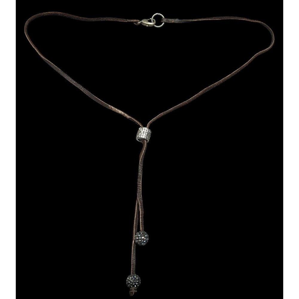 Bohemian Glam Brown Suede Lariat Necklace With Rhinestone Accents